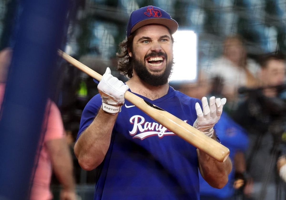 Oct 23, 2023; Houston, Texas, USA; (Editors Notes: Caption Correction) Texas Rangers catcher Austin Hedges (11) before game seven in the ALCS for the 2023 MLB playoffs at Minute Maid Park.