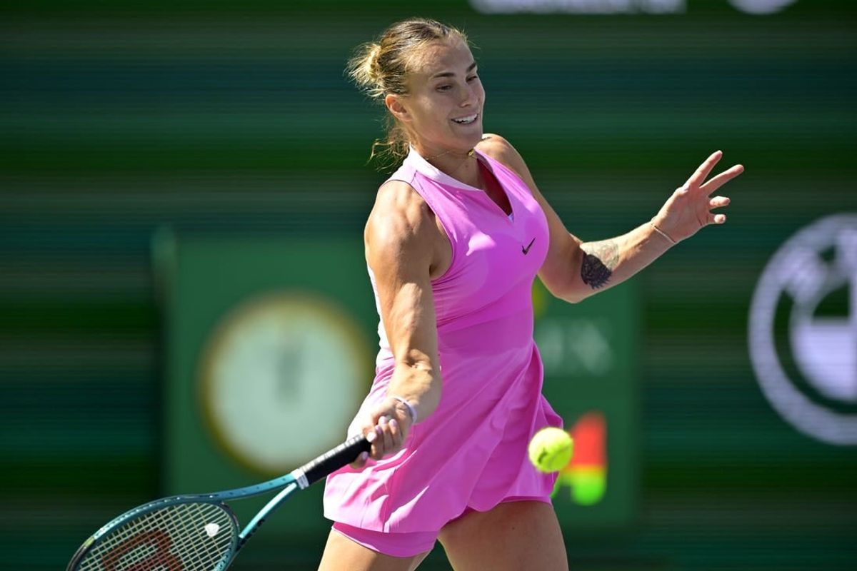 Mar 13, 2024; Indian Wells, CA, USA; Aryna Sabalenka (RUS) hits a shot as she was defeated in the fourth round by Emma Navarro (USA) in the BNP Paribas Open at the Indian Wells Tennis Garden.