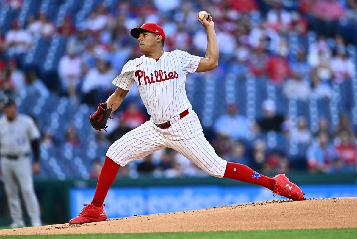 Apr 16, 2024; Philadelphia, Pennsylvania, USA; Philadelphia Phillies starting pitcher Ranger Suarez (55) throws a pitch against the Colorado Rockies in the first inning at Citizens Bank Park.