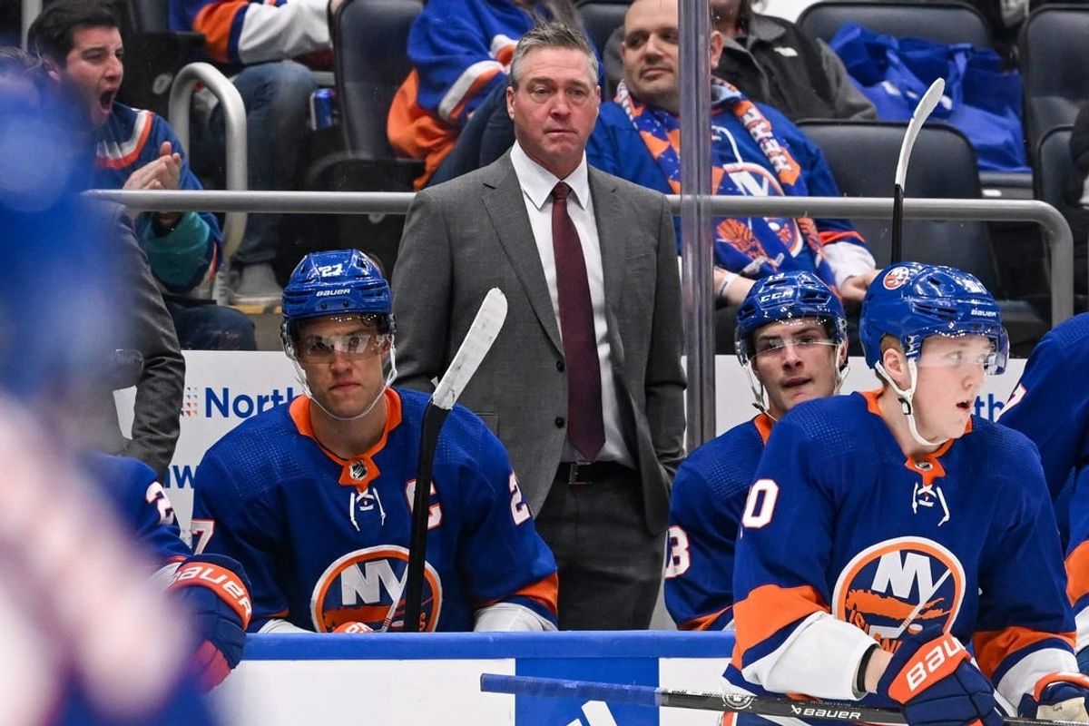 Feb 8, 2024; Elmont, New York, USA; New York Islanders head coach Patrick Roy coaches against the Tampa Bay Lightning during the third period at UBS Arena.
