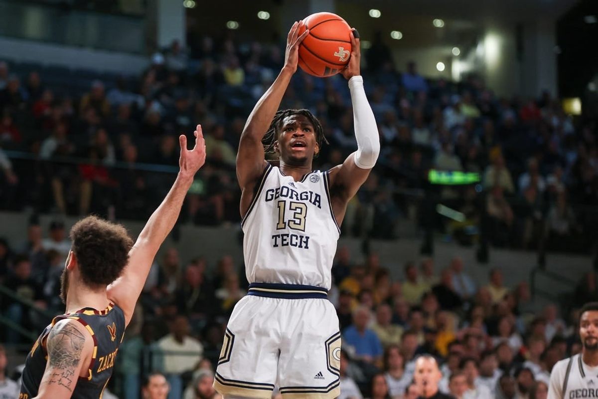 Jan 6, 2024; Atlanta, Georgia, USA; Georgia Tech Yellow Jackets guard Miles Kelly (13) shoots against the Boston College Eagles in the second half at McCamish Pavilion.