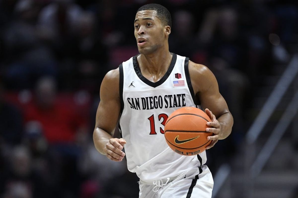Nov 27, 2023; San Diego, California, USA; San Diego State Aztecs forward Jaedon LeDee (13) dribbles the ball during the first half against the Point Loma Nazarene Sea Lions at Viejas Arena.