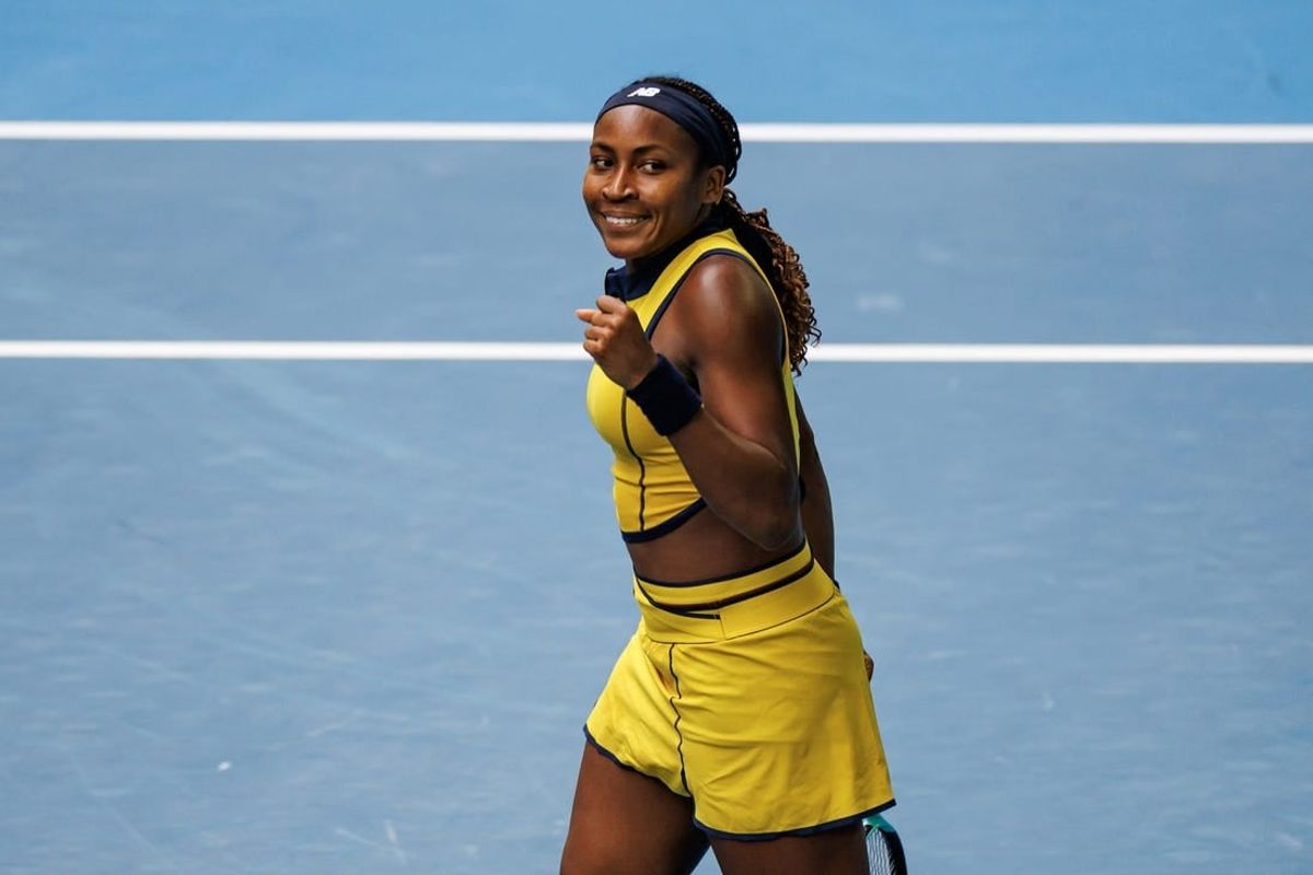 Jan 21, 2024; Melbourne, Victoria, Australia;   Coco Gauff of the United States celebrates her victory over Magdalena Frech of Poland in the fourth round of the women s singles at the Australian Open 2024.