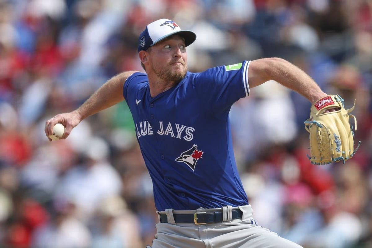 Mar 9, 2024; Clearwater, Florida, USA;  Toronto Blue Jays relief pitcher Wes Parsons (46) throws a pitch against the Philadelphia Phillies in the fourth inning at BayCare Ballpark.