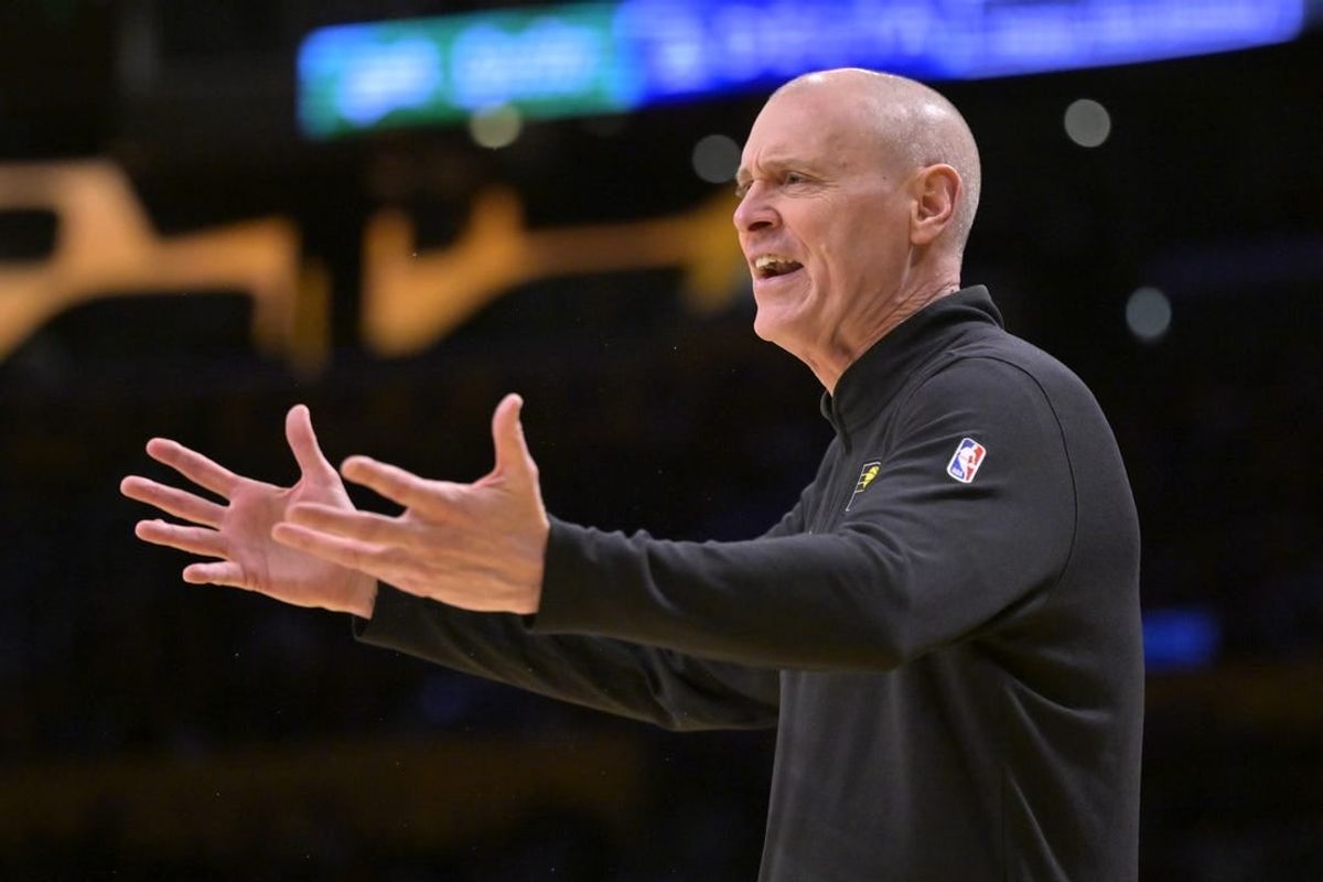 Mar 24, 2024; Los Angeles, California, USA;   Indiana Pacers coach Rick Carlisle argues a foul call in the game against the Los Angeles Lakers at Crypto.com Arena.