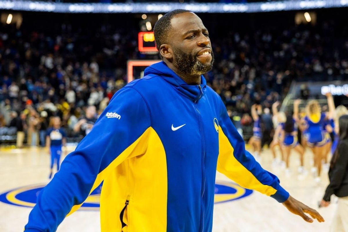Apr 7, 2024; San Francisco, California, USA; Golden State Warriors forward Draymond Green (23) celebrates after beating the Utah Jazz at Chase Center.