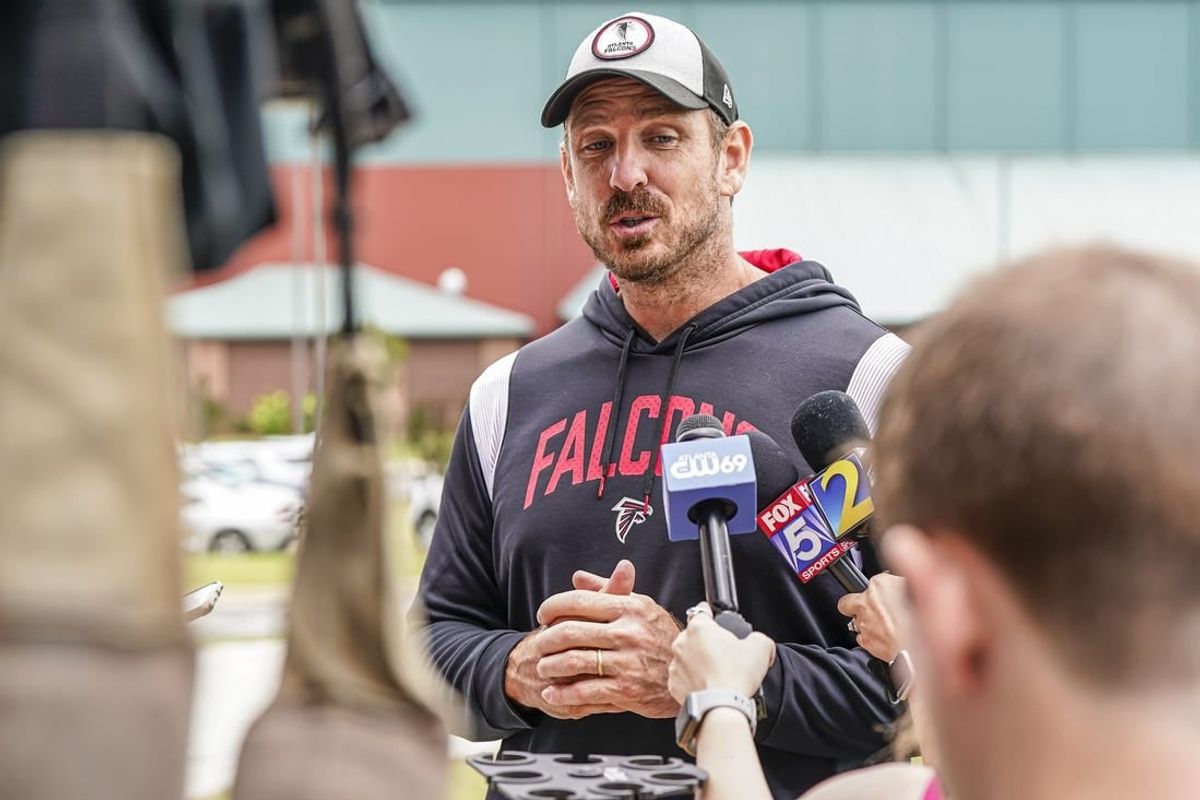 Jun 14, 2023; Flowery Branch, GA, USA; Atlanta Falcons defensive coordinator Ryan Nielsen answers questions for the media during minicamp at IBM Performance Field.