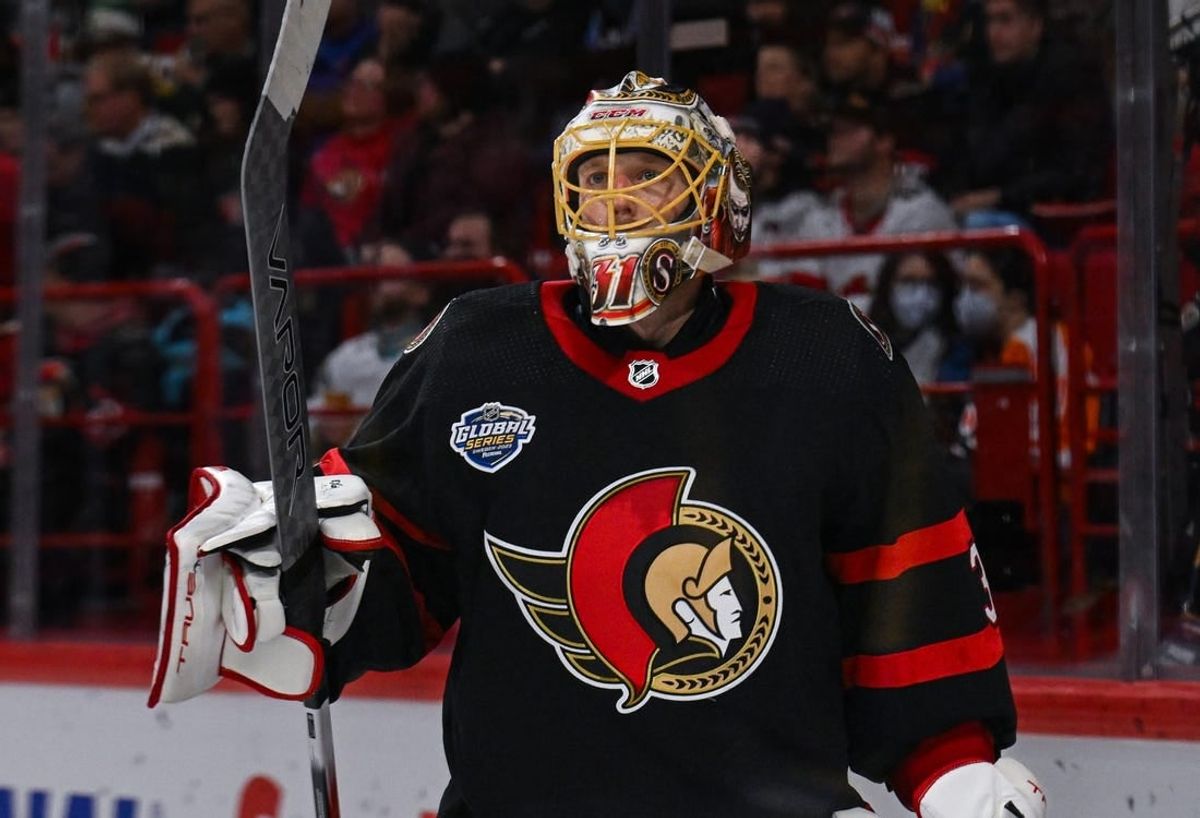 Nov 18, 2023; Stockholm, SWE; Ottawa Senators goaltender Anton Forsberg (31) reacts against the Minnesota Wild during a Global Series NHL hockey game at Avicii Arena.