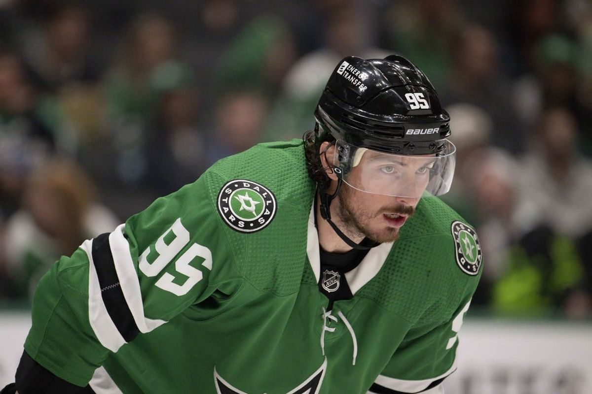 Sep 26, 2023; Dallas, Texas, USA; Dallas Stars center Matt Duchene (95) in action during the game between the Dallas Stars and the Minnesota Wild at the American Airlines Center.