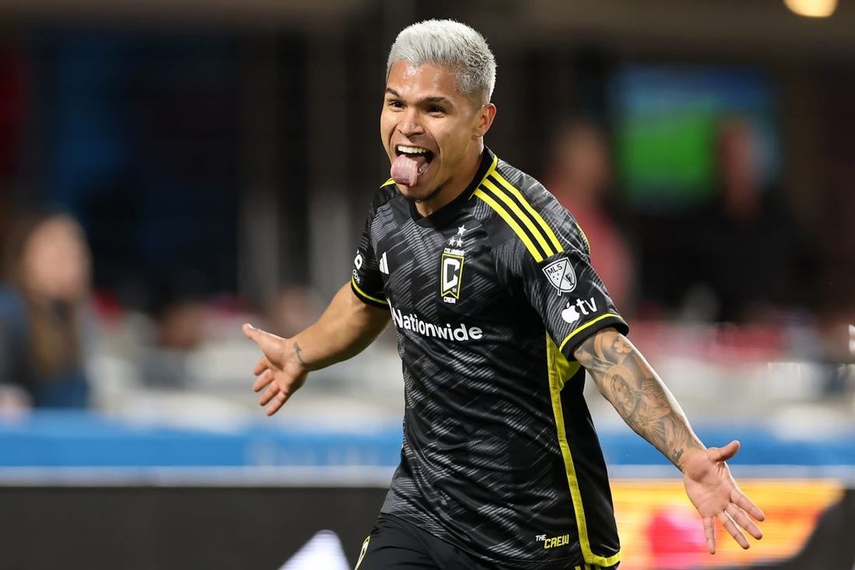 Mar 23, 2024; Charlotte, North Carolina, USA; Columbus Crew forward Cucho Hernandez (9) reacts after scoring a goal that was later overturned to keep scoreless against Charlotte FC at Bank of America Stadium.