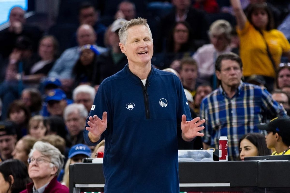 Feb 14, 2024; San Francisco, California, USA; Golden State Warriors head coach Steve Kerr reacts during the second half of the game against the LA Clippers at Chase Center.