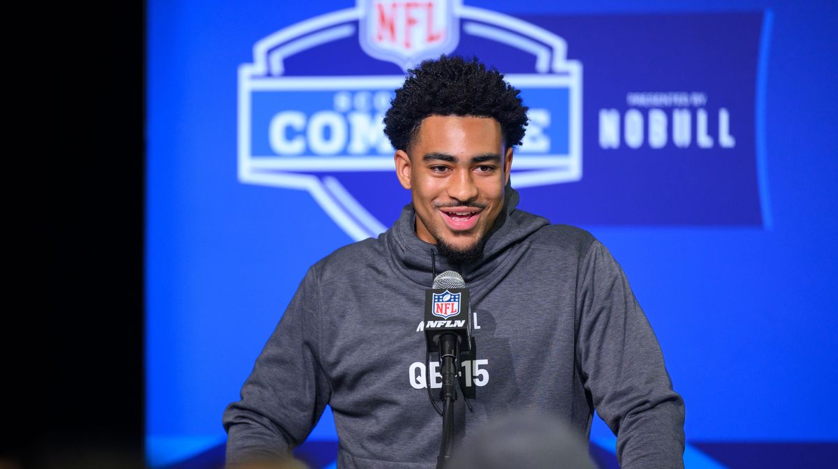 Alabama quarterback Bryce Young answers questions from the media during the NFL Scouting Combine.