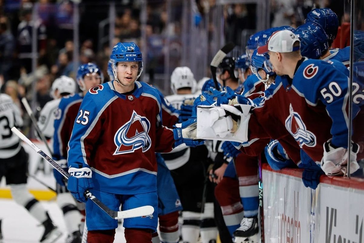 Jan 26, 2024; Denver, Colorado, USA; Colorado Avalanche right wing Logan O'Connor (25) celebrates with the bench after his second goal of the game in the first period against the Los Angeles Kings at Ball Arena.