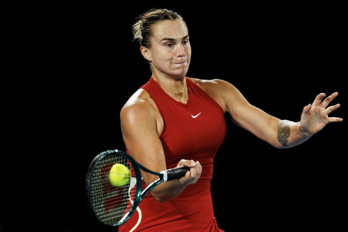 Jan 25, 2024; Melbourne, Victoria, Australia; Aryna Sabalenka of Belarus in action against Coco Gauff of the United States in the semi-final of the women s singles at the Australian Open.