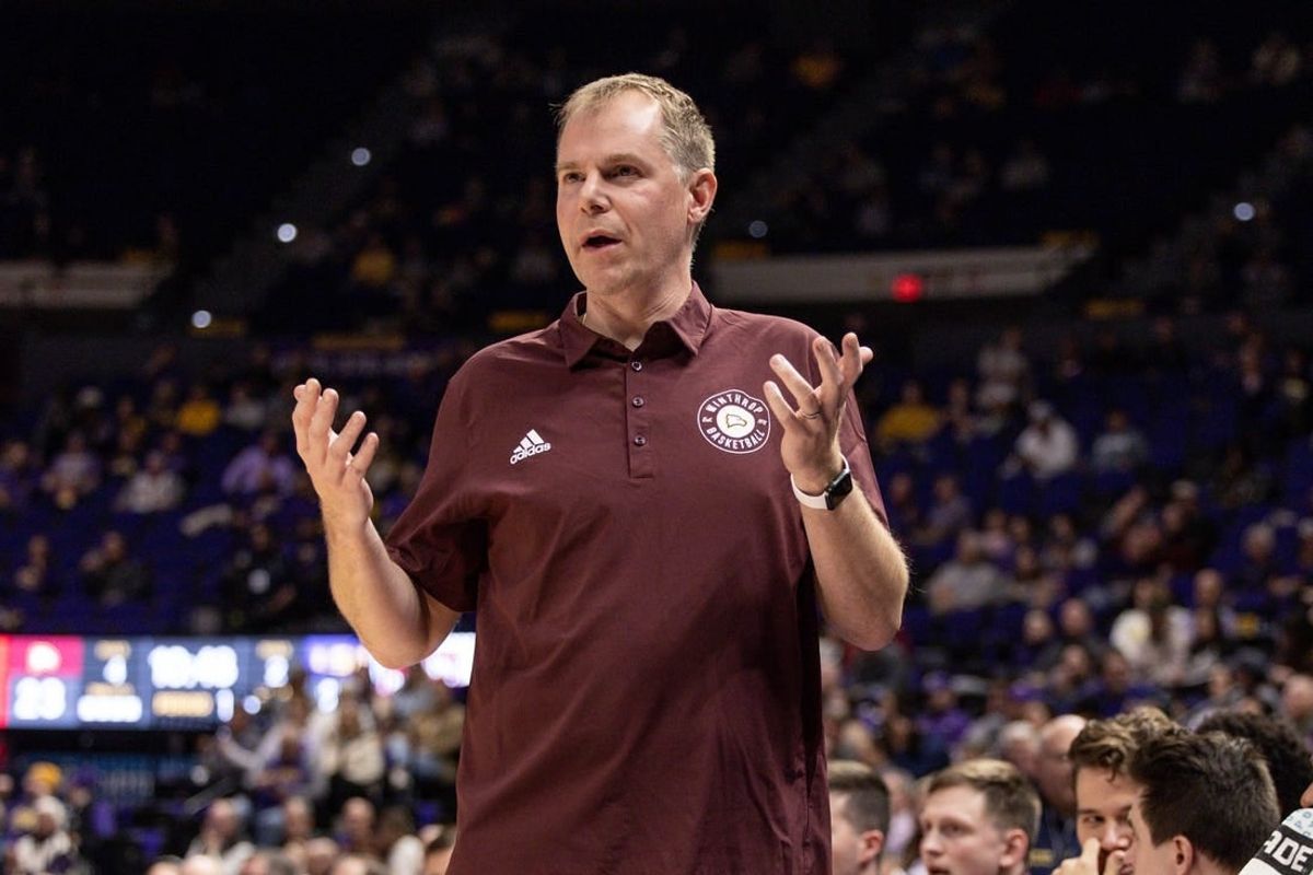 Dec 17, 2022; Baton Rouge, Louisiana, USA;  Winthrop Eagles head coach Mark Prosser reacts during the first half against the LSU Tigers at Pete Maravich Assembly Center.