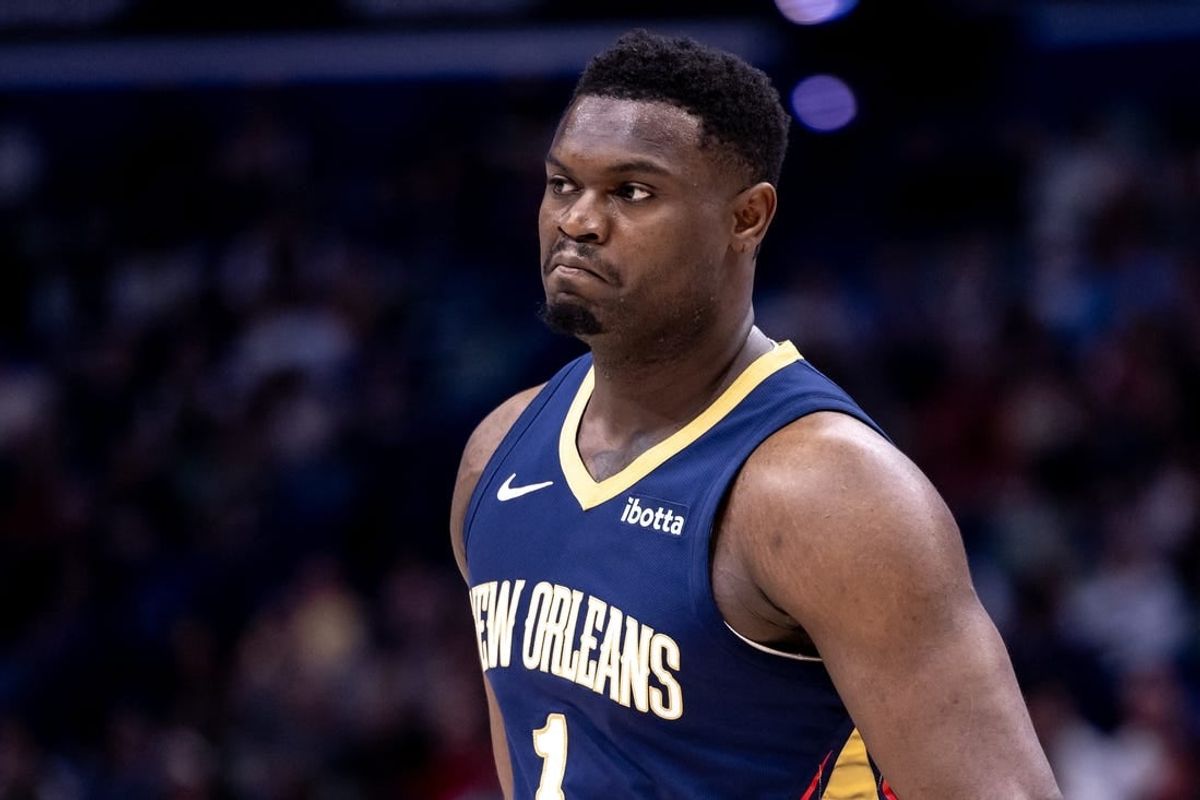 Apr 3, 2024; New Orleans, Louisiana, USA;  New Orleans Pelicans forward Zion Williamson (1) looks on against the Orlando Magic during the first half at Smoothie King Center.