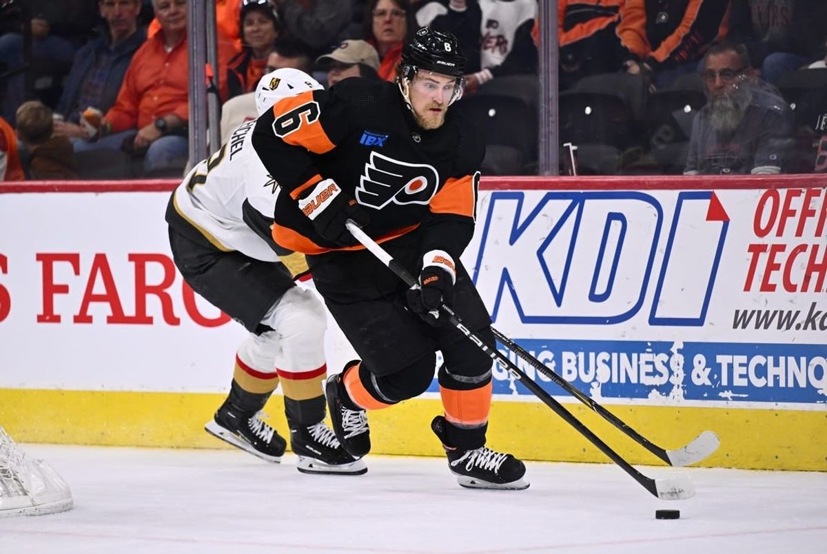 Nov 18, 2023; Philadelphia, Pennsylvania, USA; Philadelphia Flyers defenseman Travis Sanheim (6) controls the puck against the Vegas Golden Knights in the first period at Wells Fargo Center.
