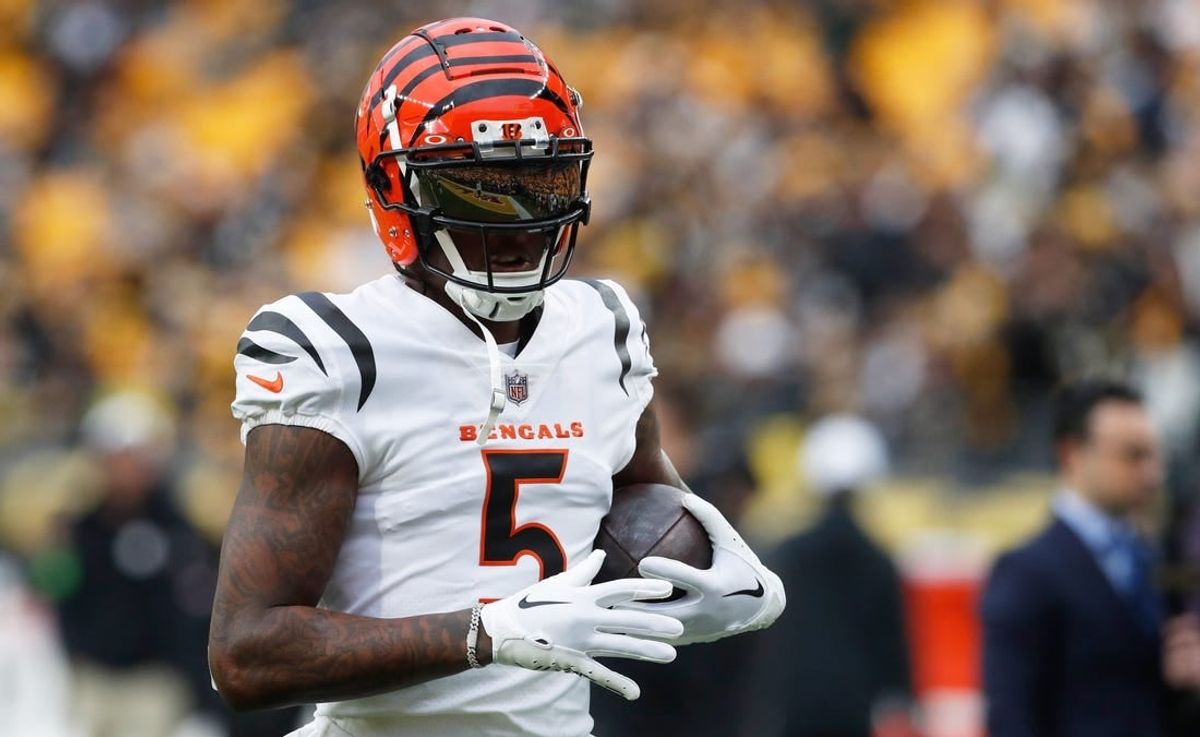 Dec 23, 2023; Pittsburgh, Pennsylvania, USA;  Cincinnati Bengals wide receiver Tee Higgins (5) warms up before the game against the Pittsburgh Steelers at Acrisure Stadium.