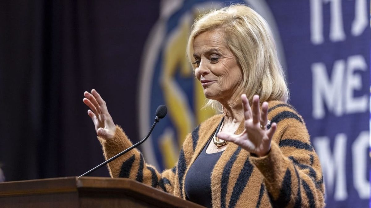 Oct 19, 2023; Birmingham, AL, USA; LSU Tigers head coach Kim Mulkey talks with the media during the SEC Basketball Tipoff at Grand Bohemian Hotel Mountain Brook.