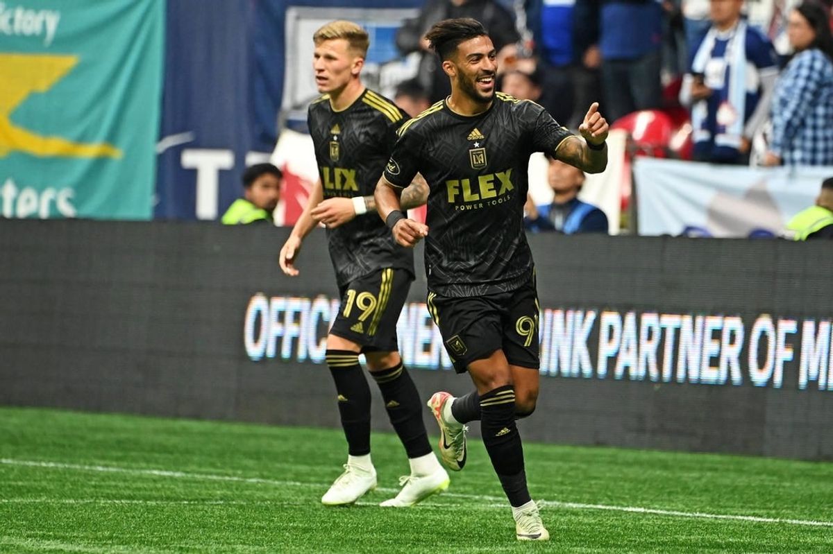 Nov 5, 2023; Vancouver, British Columbia, CAN;Los Angeles FC forward Denis Bouanga (99) celebrates after beating the Vancouver Whitecaps in game two in a round one match of the 2023 MLS Cup Playoffs at BC Place.