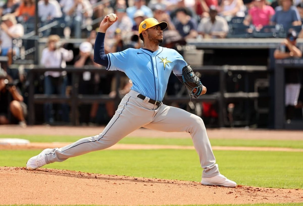 Mar 6, 2024; Tampa, Florida, USA;Tampa Bay Rays starting pitcher Taj Bradley (45) throws a pitch during the first inning against the New York Yankees  at George M. Steinbrenner Field.