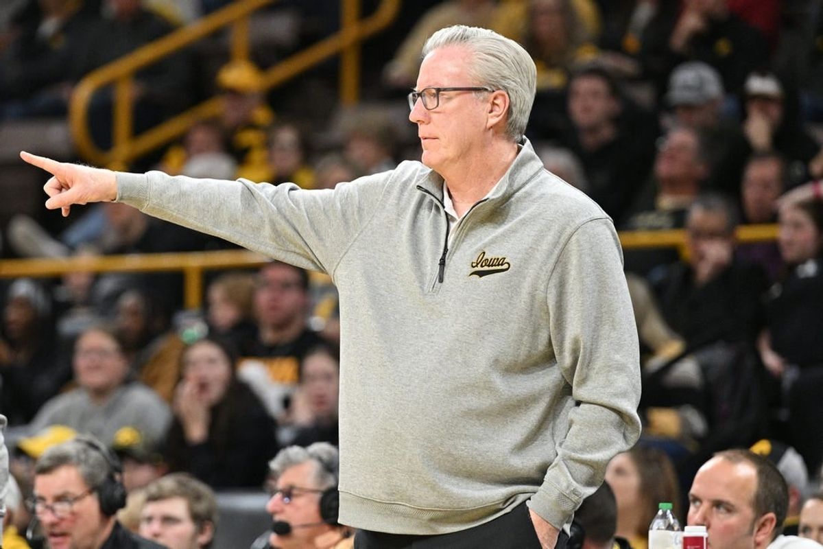 Dec 10, 2023; Iowa City, Iowa, USA; Iowa Hawkeyes head coach Fran McCaffery directs his team against the Michigan Wolverines during the first half at Carver-Hawkeye Arena.