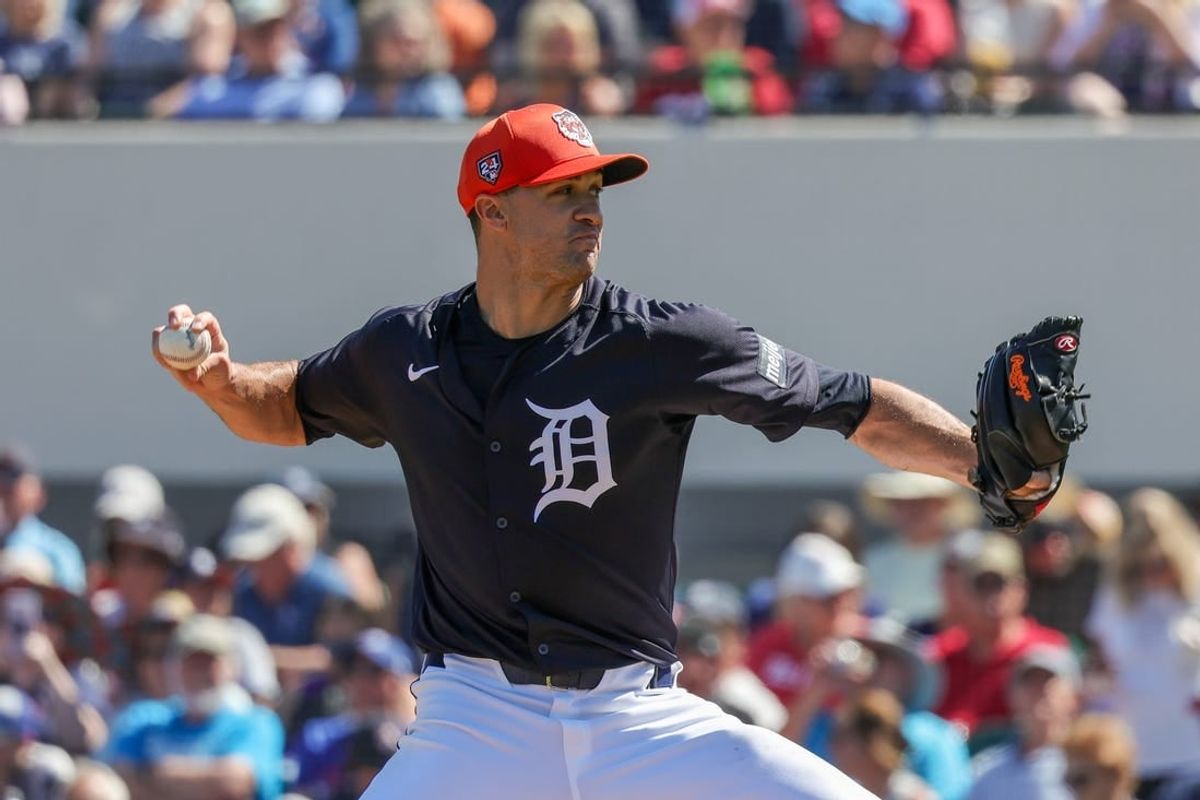 Feb 26, 2024; Lakeland, Florida, USA; Detroit Tigers starting pitcher Jack Flaherty (45) pitches during the first inning against the Houston Astros at Publix Field at Joker Marchant Stadium.