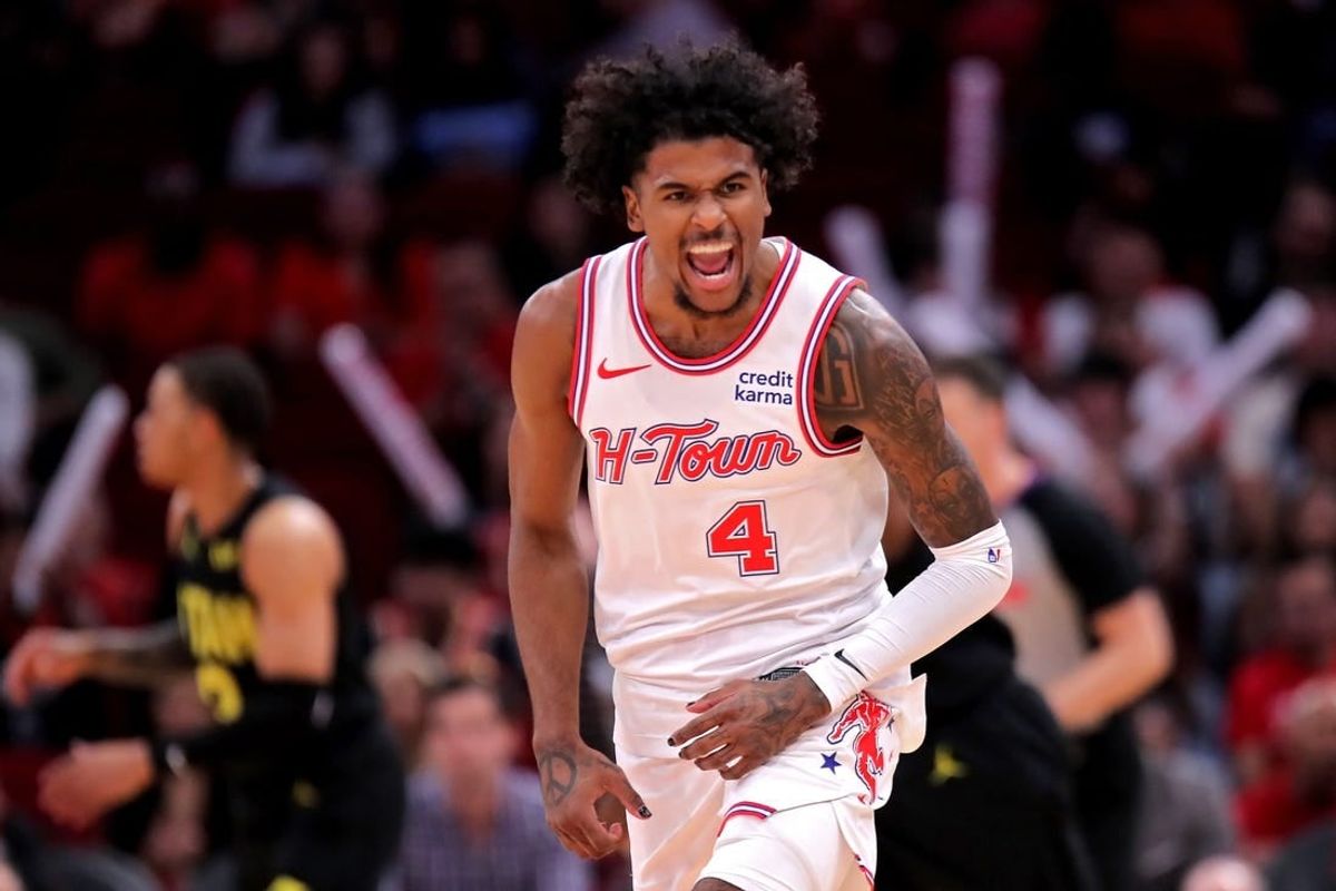 Mar 23, 2024; Houston, Texas, USA; Houston Rockets guard Jalen Green (4) reacts after a made basket against the Utah Jazz during the first quarter at Toyota Center.