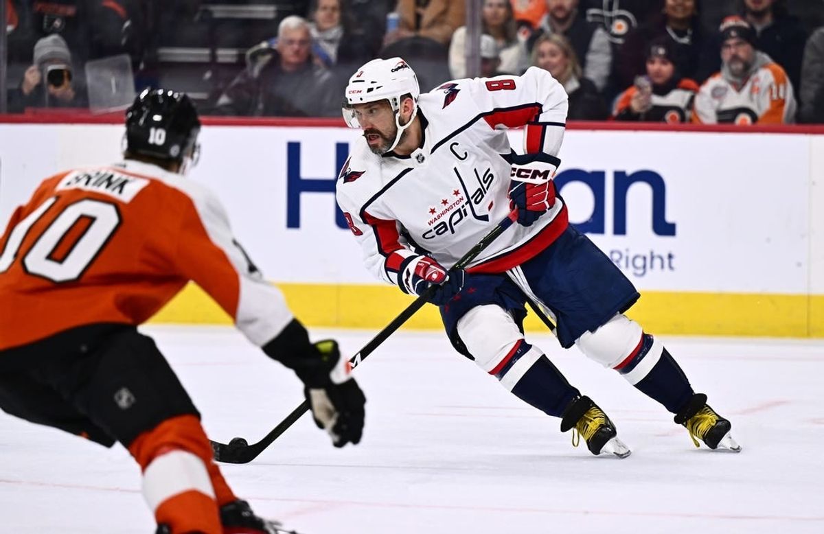 Dec 14, 2023; Philadelphia, Pennsylvania, USA; Washington Capitals left wing Alex Ovechkin (8) controls the puck against the Philadelphia Flyers in the first period at Wells Fargo Center.