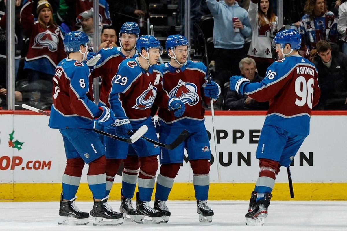 Dec 21, 2023; Denver, Colorado, USA; Colorado Avalanche center Nathan MacKinnon (29) celebrates his goal with defenseman Cale Makar (8) and right wing Valeri Nichushkin (13) and left wing Jonathan Drouin (27) and right wing Mikko Rantanen (96) in the first period against the Ottawa Senators at Ball Arena.