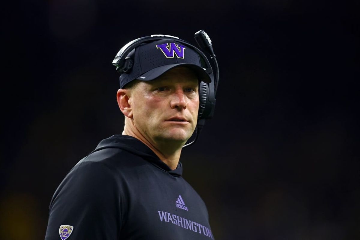 Jan 8, 2024; Houston, TX, USA; Washington Huskies head coach Kalen DeBoer looks on against the Michigan Wolverines late in the fourth quarter in the 2024 College Football Playoff national championship game at NRG Stadium.