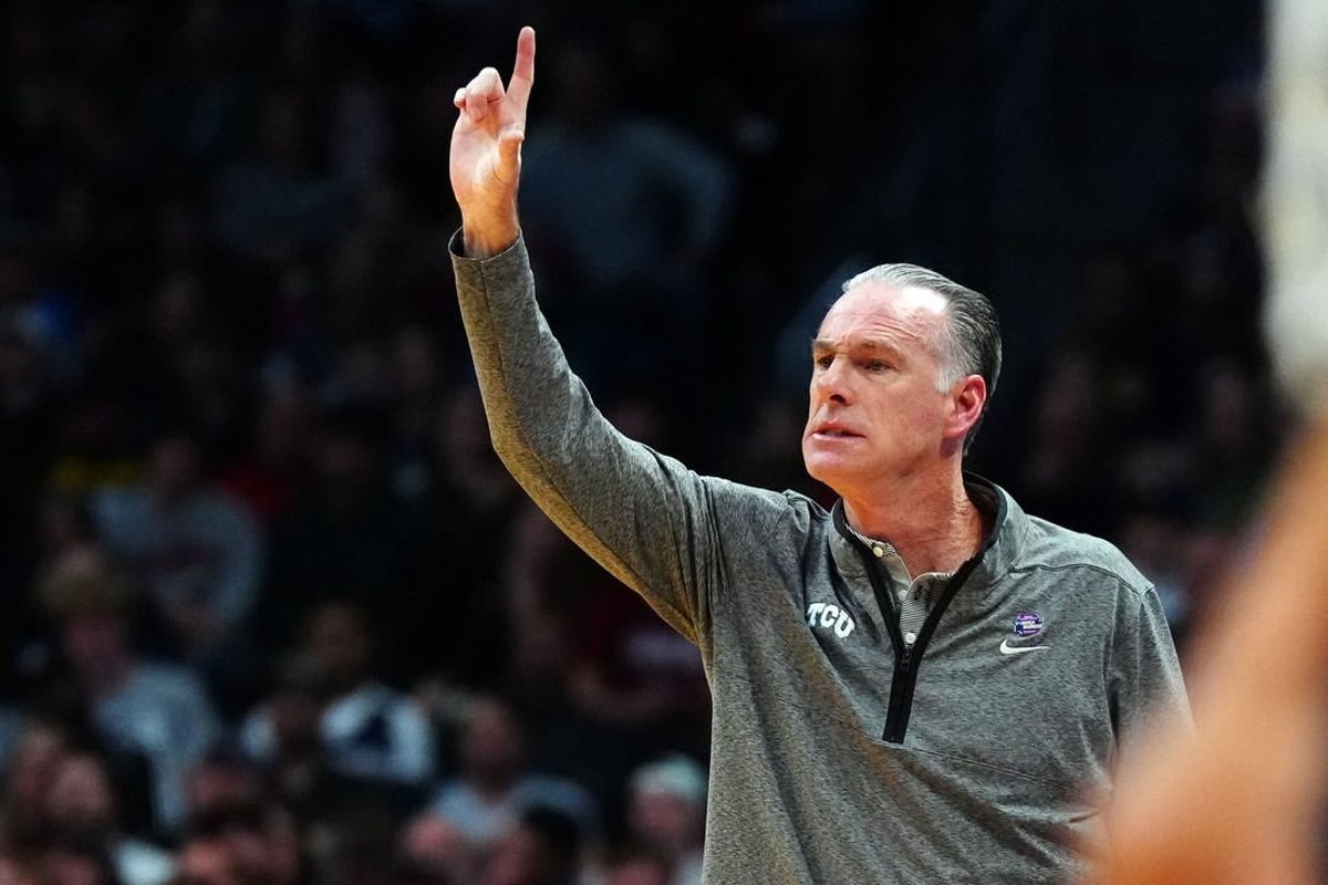 Mar 19, 2023; Denver, CO, USA; TCU Horned Frogs head coach Jamie Dixon reacts in the first half against the Gonzaga Bulldogs at Ball Arena.