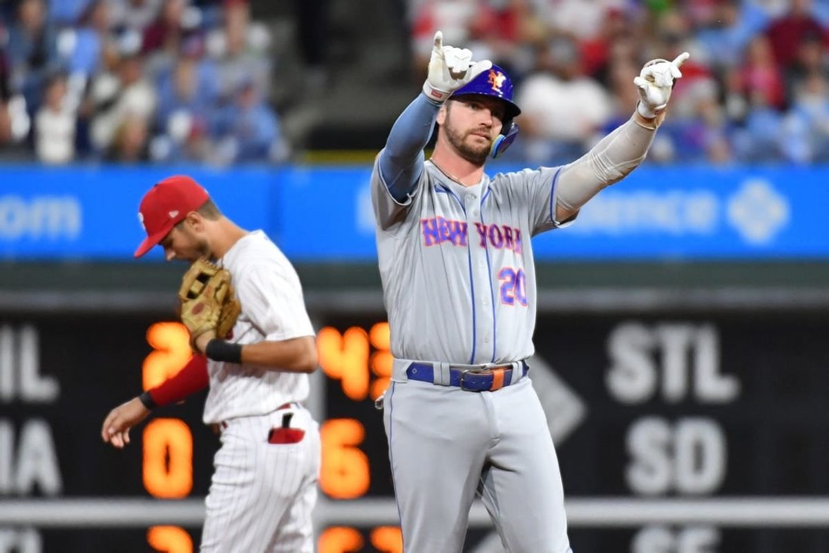 Sep 22, 2023; Philadelphia, Pennsylvania, USA; New York Mets first baseman Pete Alonso (20) reacts after hitting an RBI double during the first inning against the Philadelphia Phillies at Citizens Bank Park.