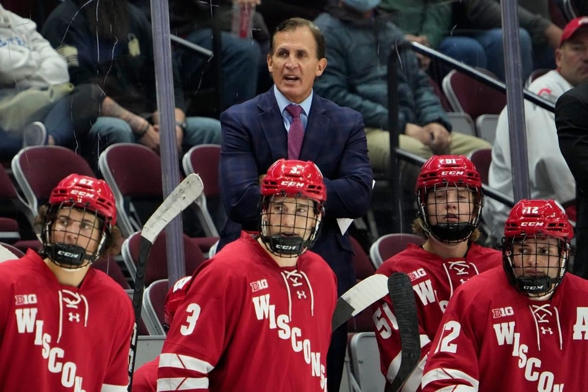Oct 7, 2022; Columbus, Ohio, USA;  Wisconsin Badgers head coach Tony Granato yells from the bench during the NCAA men's hockey game at the Schottenstein Center.

Ncaa Hockey Wisconsin Vs Ohio State