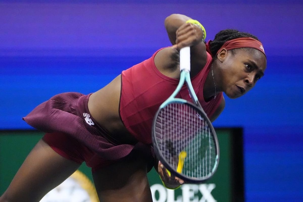 Sep 9, 2023; Flushing, NY, USA; Coco Gauff of the United States serves against Aryna Sabalenka (not pictured) in the women's singles final on day thirteen of the 2023 U.S. Open tennis tournament at USTA Billie Jean King Tennis Center.