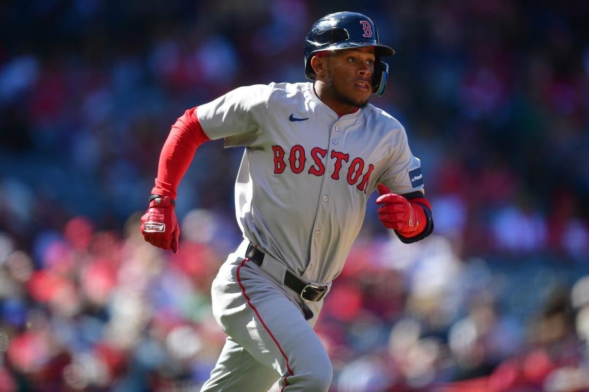Apr 7, 2024; Anaheim, California, USA; Boston Red Sox outfielder Ceddanne Rafaela (43) runs after hitting a triple against the Los Angeles Angels during the eighth inning at Angel Stadium.