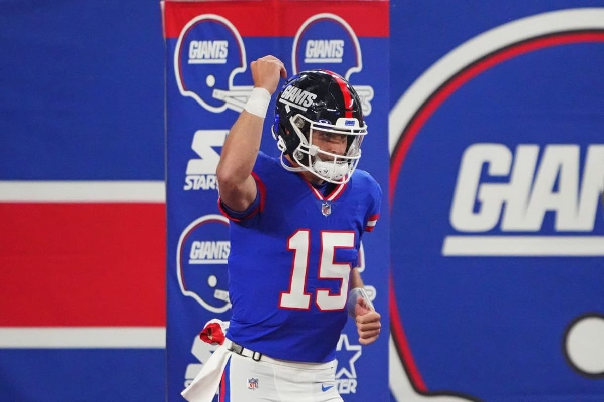 Dec 11, 2023; East Rutherford, New Jersey, USA; New York Giants quarterback Tommy DeVito (15) reacts before the game against the Green Bay Packers at MetLife Stadium.