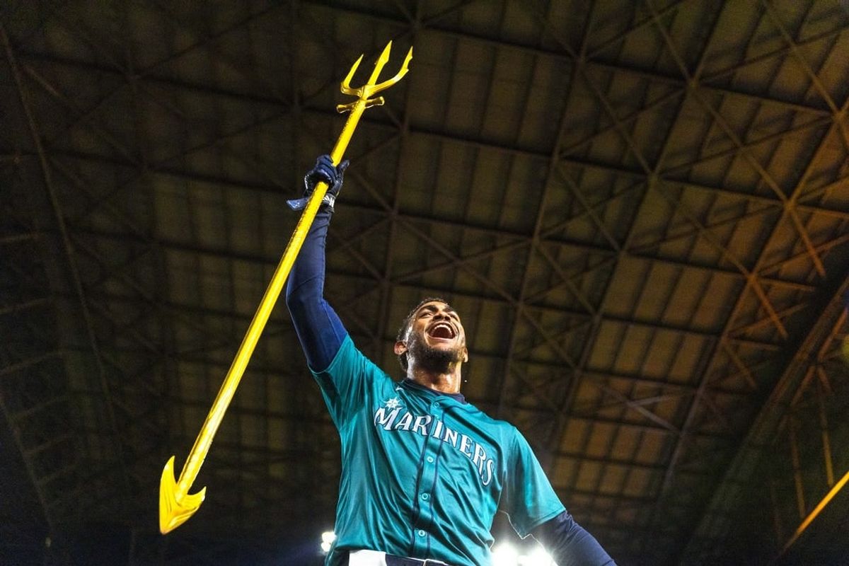 Mar 30, 2024; Seattle, Washington, USA; Seattle Mariners center fielder Julio Rodriguez (44) celebrates after hitting a walk-off RBI-single against the Boston Red Sox during the tenth inning at T-Mobile Park.