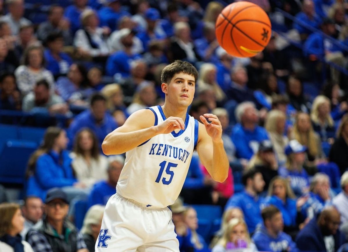 Nov 17, 2023; Lexington, Kentucky, USA; Kentucky Wildcats guard Reed Sheppard (15) catches an inbounds pass during the first half against the Stonehill Skyhawks at Rupp Arena at Central Bank Center.