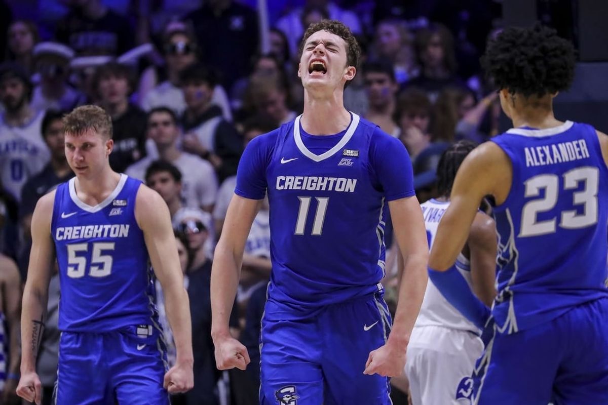 Feb 10, 2024; Cincinnati, Ohio, USA; Creighton Bluejays center Ryan Kalkbrenner (11) reacts after a play against the Xavier Musketeers in the second half at Cintas Center.