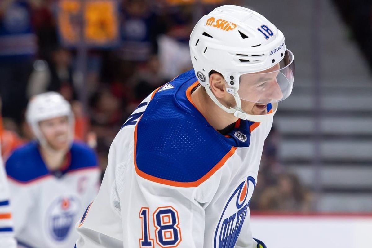 Mar 24, 2024; Ottawa, Ontario, CAN; Edmonton Oilers left wing Zach Hyman (18) skates to the bench after scoring in the second period against the Ottawa Senators at the Canadian Tire Centre.