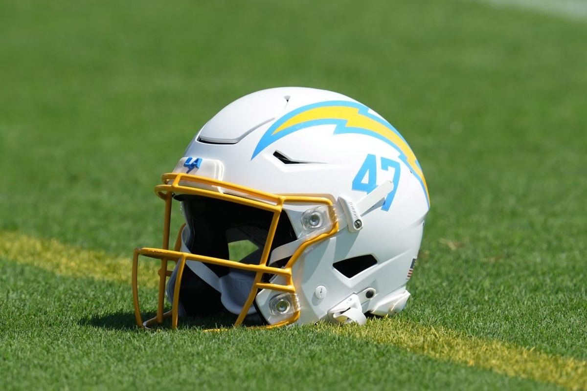 Jul 26, 2023; Costa Mesa, CA, USA; Los Angeles Chargers helmet of long snapper Josh Harris (47) during training camp at Jack Hammet Sports Comples.