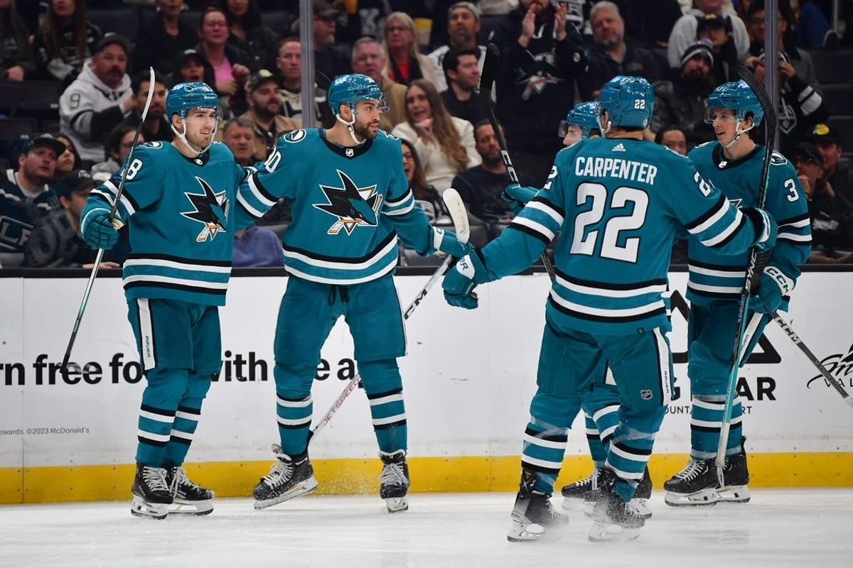 Jan 22, 2024; Los Angeles, California, USA; San Jose Sharks celebrate the goal scored by right wing Justin Bailey (90) against the Los Angeles Kings during the third period at Crypto.com Arena.