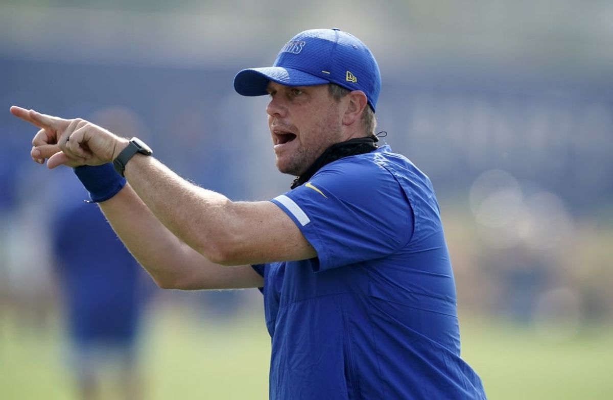 Aug 21, 2020; Thousand Oaks, CA, USA; Los Angeles Rams pass game coordinator Shane Waldron gestures during training camp at Cal Lutheran University.