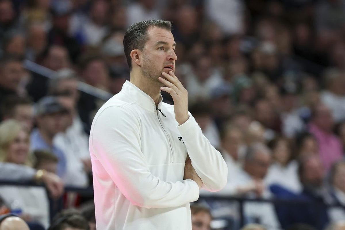 Jan 30, 2024; Logan, Utah, USA; Utah State Aggies head coach Danny Sprinkle looks on during the first half against the San Jose State Spartans at Dee Glen Smith Spectrum.