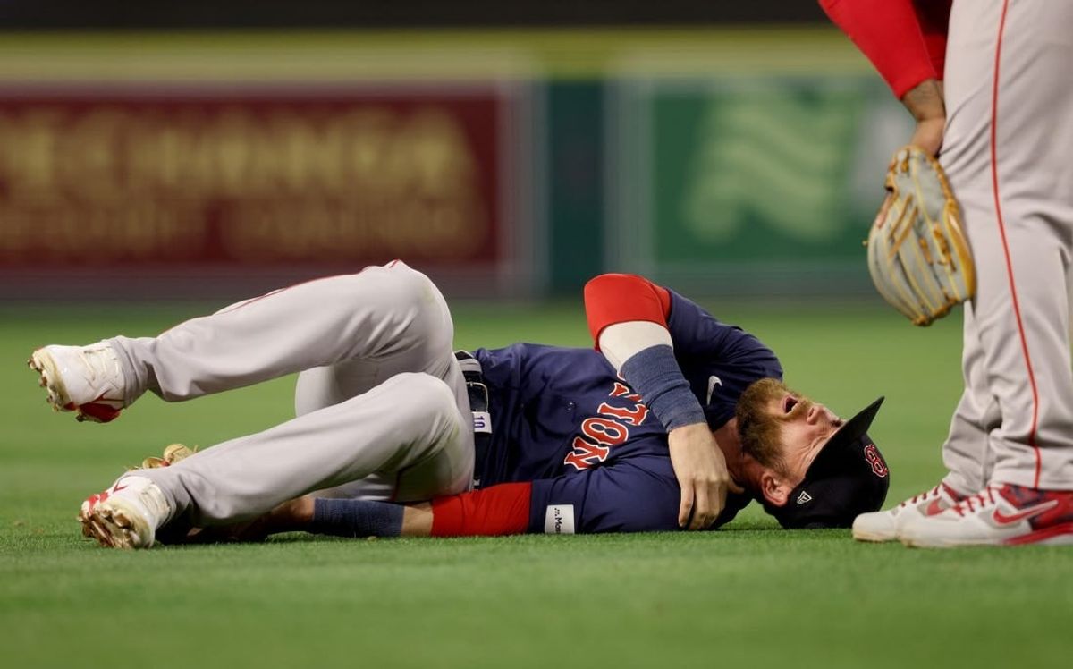 Apr 5, 2024; Anaheim, California, USA; Boston Red Sox shortstop Trevor Story (10) reacts after an injury during the fourth inning against the Los Angeles Angels at Angel Stadium.