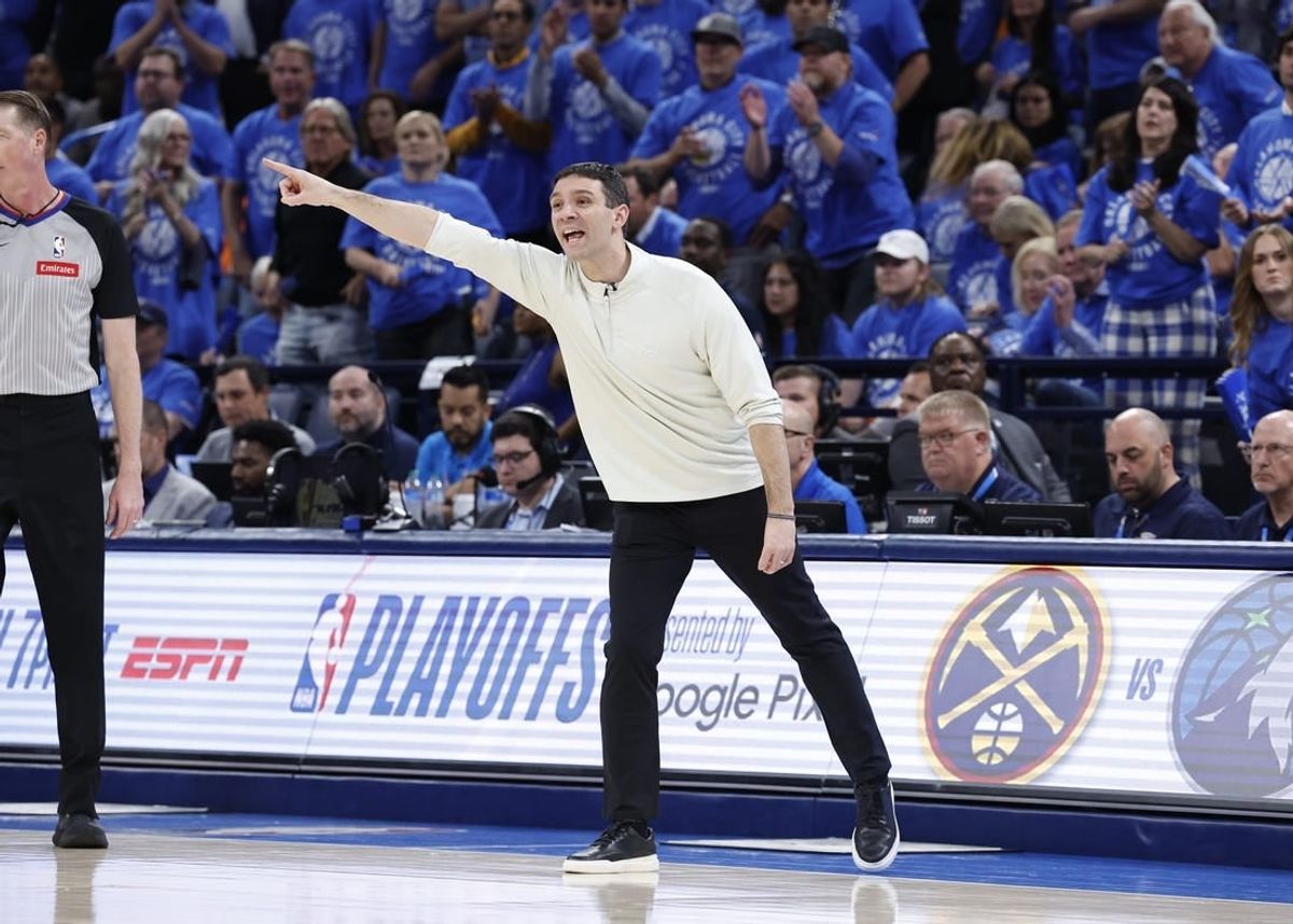 May 9, 2024; Oklahoma City, Oklahoma, USA; Oklahoma City Thunder head coach Mark Daigneault gestures to his team during a play against the Dallas Mavericks during the second half of game two of the second round for the 2024 NBA playoffs at Paycom Center.