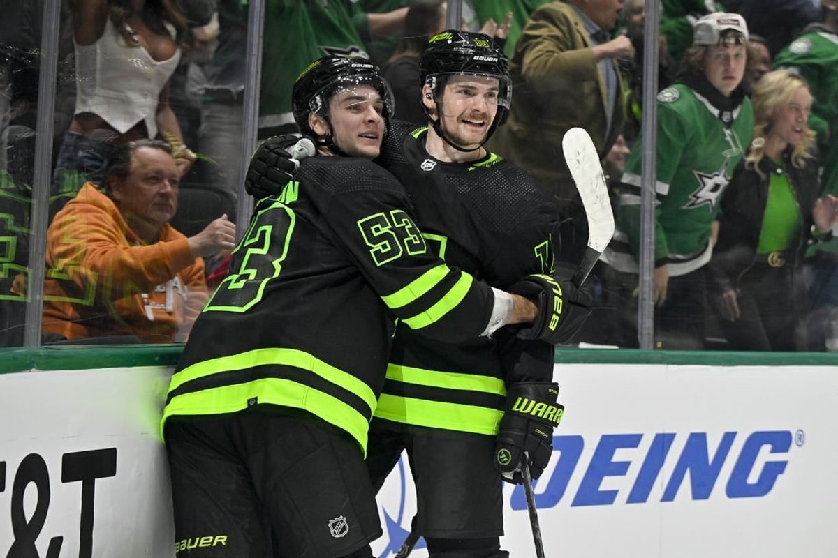 Apr 3, 2024; Dallas, Texas, USA; Dallas Stars center Wyatt Johnston (53) and center Sam Steel (18) celebrates a goal scored by Johnston against the Edmonton Oilers during the second period at the American Airlines Center.