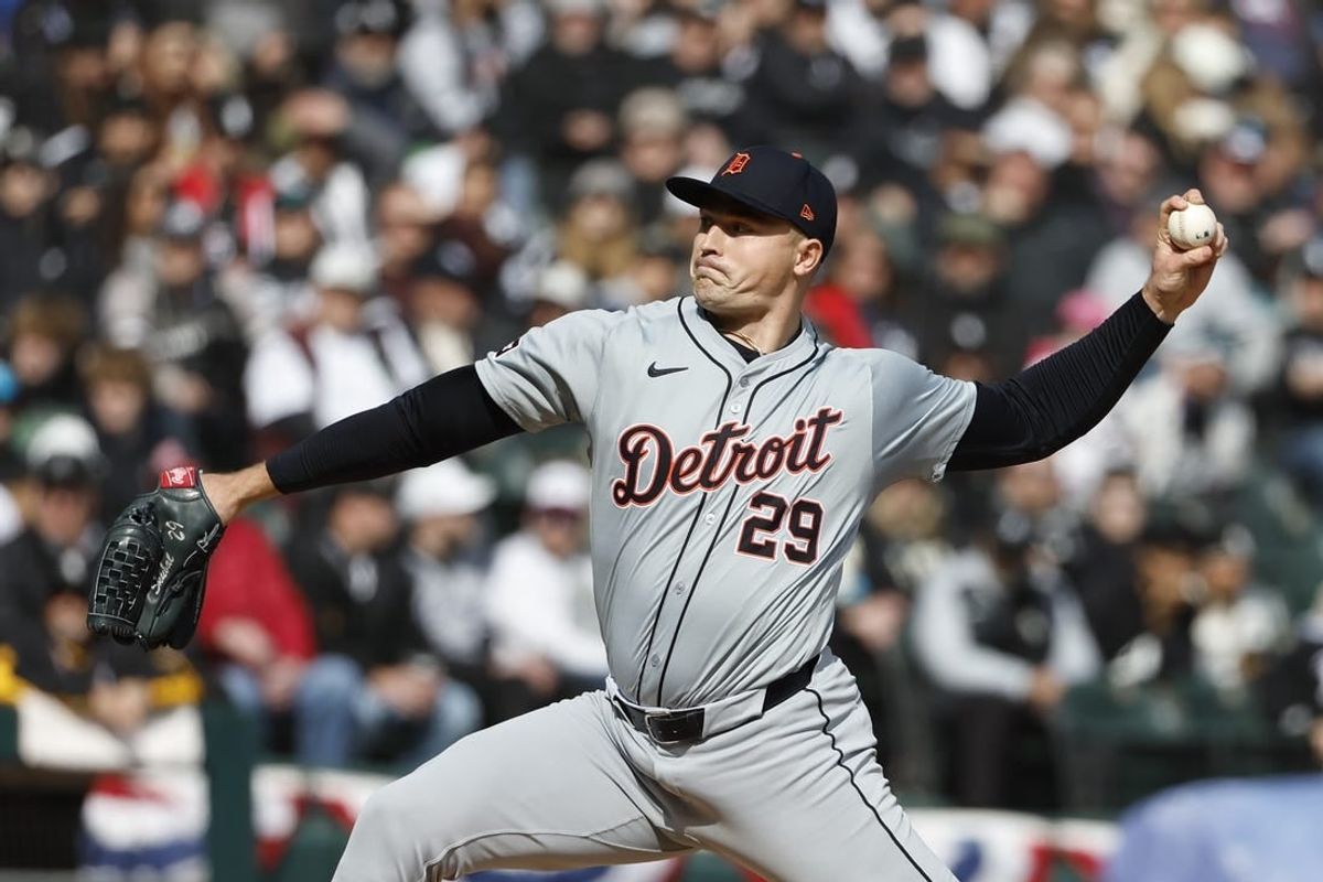 Mar 28, 2024; Chicago, Illinois, USA; Detroit Tigers starting pitcher Tarik Skubal (29) delivers a pitch during the first inning of the Opening Day game against the Chicago White Sox at Guaranteed Rate Field.