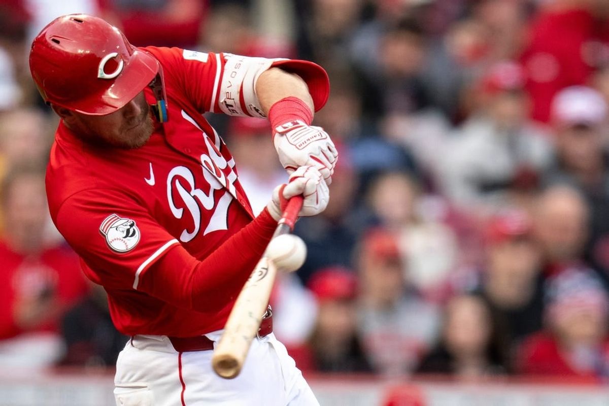 Cincinnati Reds catcher Tyler Stephenson (37) hits a grand slam in the first inning of the MLB game between the Cincinnati Reds and the Los Angeles Angels at Great American Ball Park in Cincinnati on Saturday, April 20, 2024.